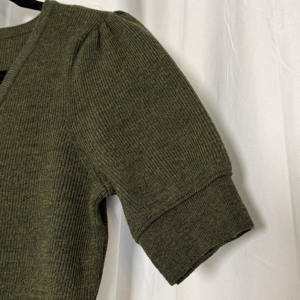 Talbots Olive Green Ribbed Knit Dress Wool Blend V Neck Short Sleeve Small - Picture 9 of 14
